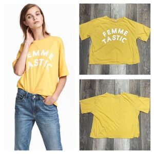 H&M Yellow Wide Croptop With White Letters Femme Tastic Tshirt Size Large